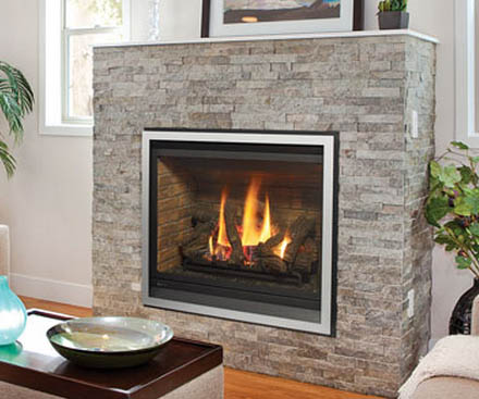 Regency B36XTE Gas Fireplace with silver faceplate and gray stone surround