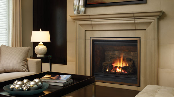 Regency B41XTE Large Gas Fireplace with beige surround and mantel