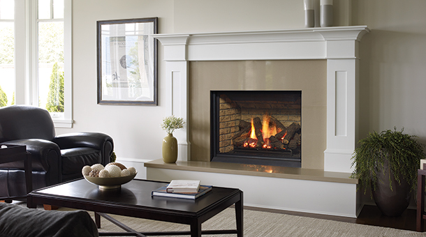 Regency B36XTCE medium gas fireplace with white mantel and tan hearth and surroun