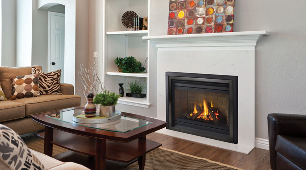 Regency P36 Medium Gas Fireplace with white surround and brown faceplate